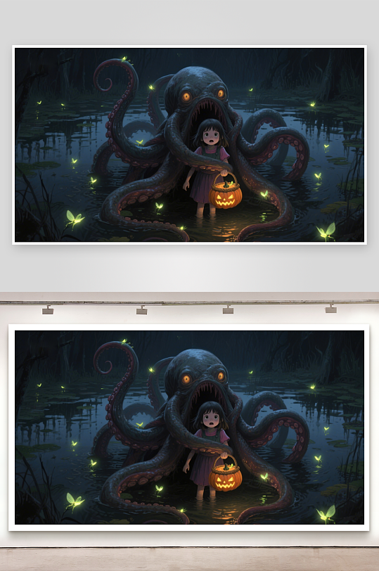 小女孩与神秘水怪在萤火虫环绕的夜晚-众图网