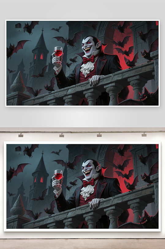 吸血鬼手持红酒杯夜空蝙蝠环绕-众图网