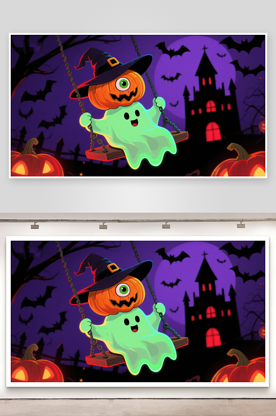 万圣节幽灵与南瓜灯的欢乐夜景-众图网