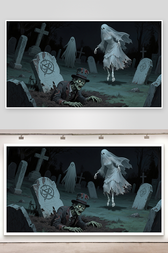 墓地幽灵与僵尸的夜景-众图网