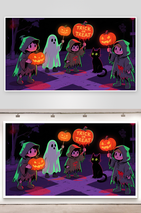 万圣节夜晚孩子们提着南瓜灯游行-众图网