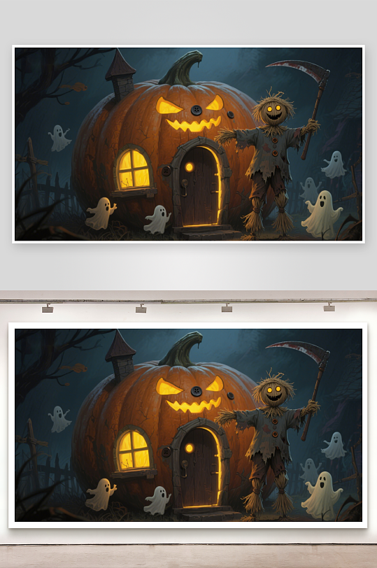 南瓜屋与稻草人万圣节夜景-众图网