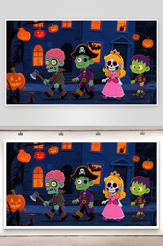 万圣节夜晚的卡通角色游行-众图网