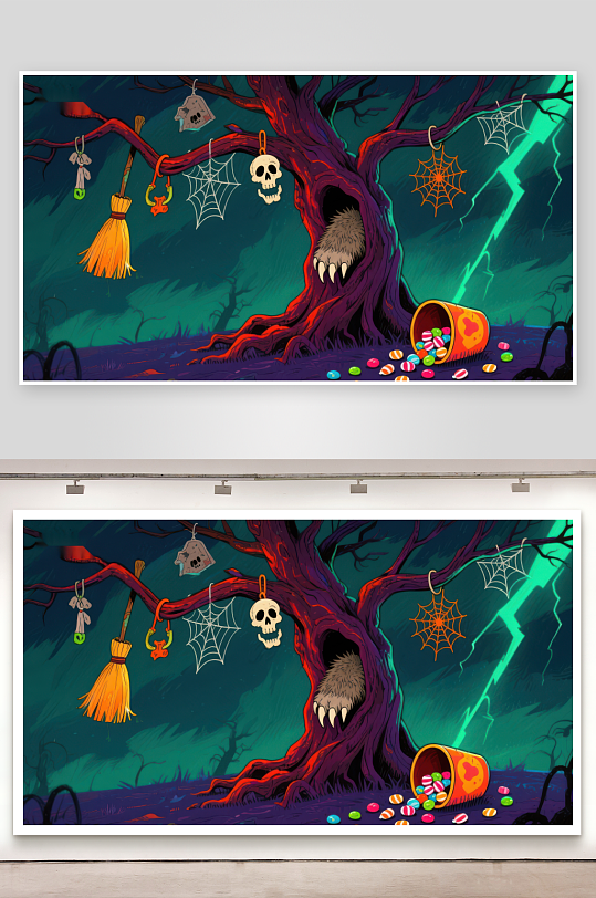 万圣节夜景糖果与幽灵树-众图网