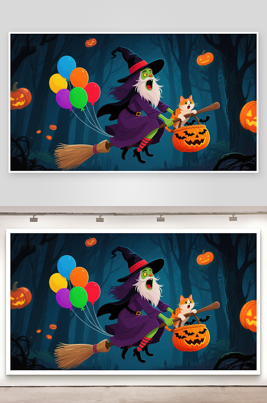 万圣节女巫骑扫帚携猫飞行-众图网