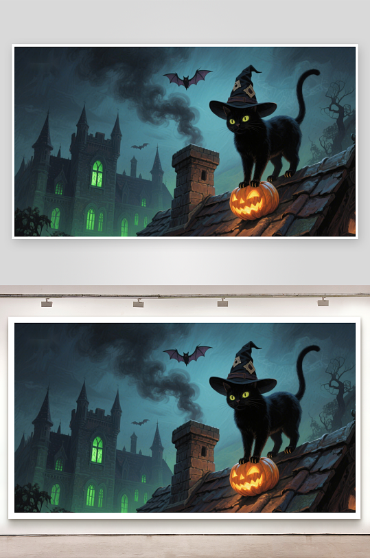 万圣夜屋顶上的黑猫-众图网