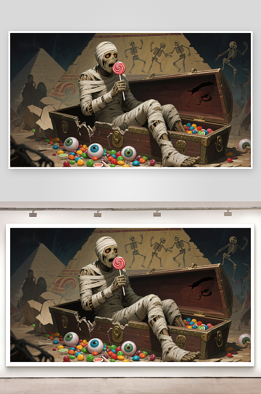 木乃伊手持糖果棒宝箱散落眼球与糖果-众图网