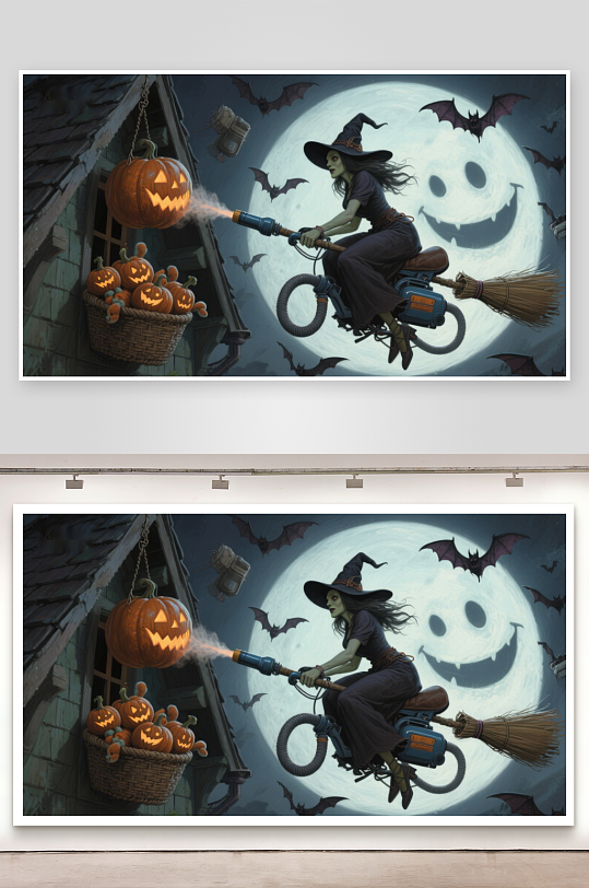 巫师骑扫帚喷南瓜灯满月夜飞行-众图网