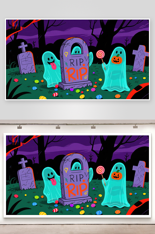 万圣节墓地里的糖果幽灵-众图网