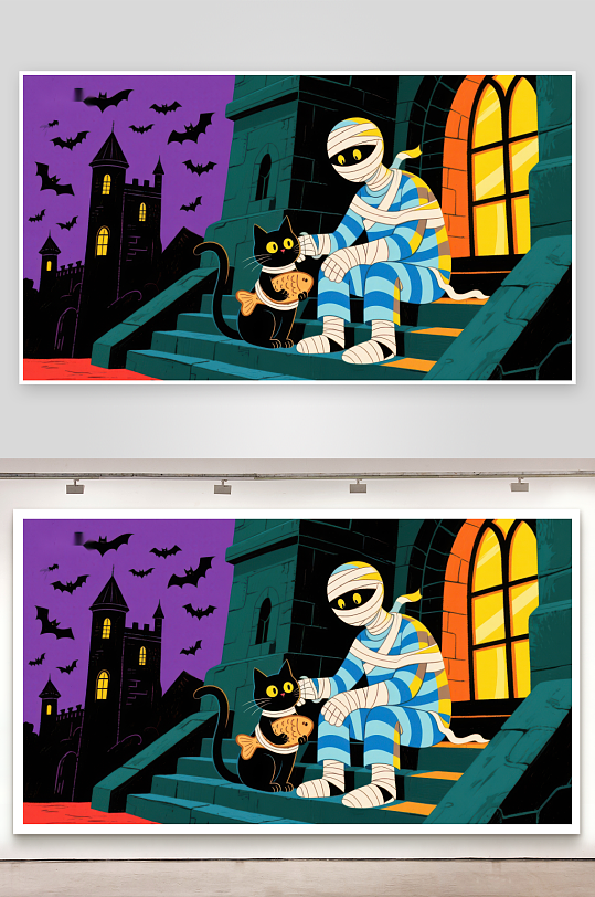 万圣节木乃伊与黑猫在城堡前-众图网