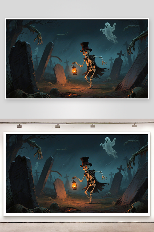 幽灵与骷髅的墓地夜景-众图网