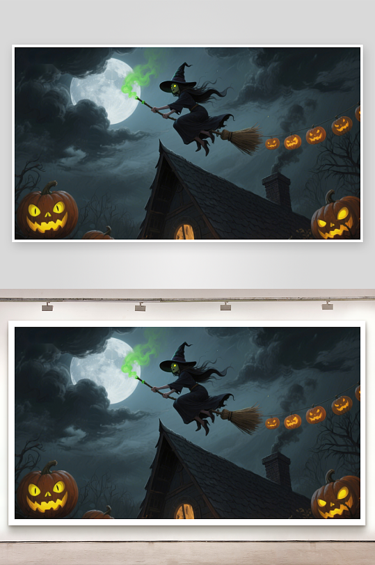 万圣夜巫女飞过南瓜灯-众图网
