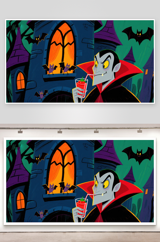 吸血鬼在城堡前享用饮料-众图网