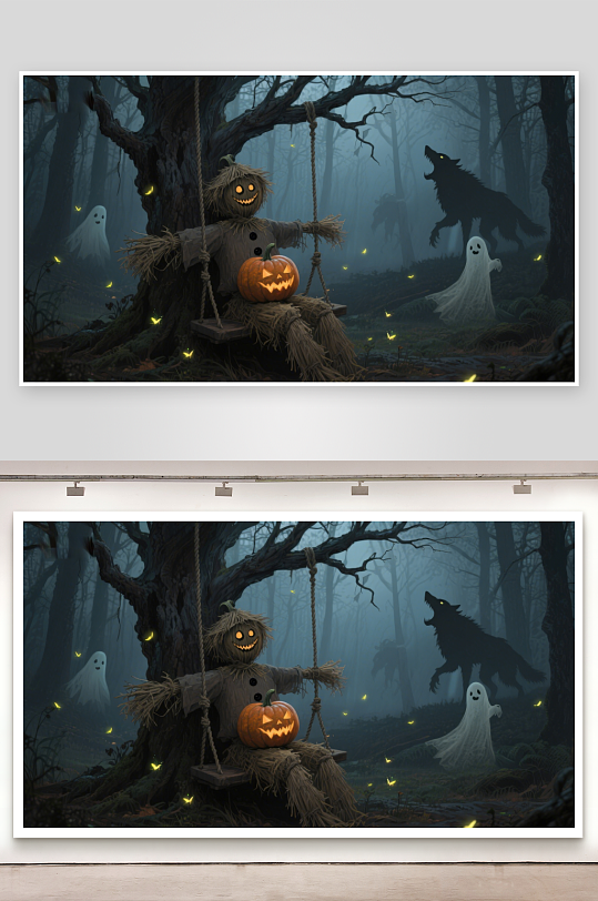 万圣节森林中的南瓜灯稻草人-众图网