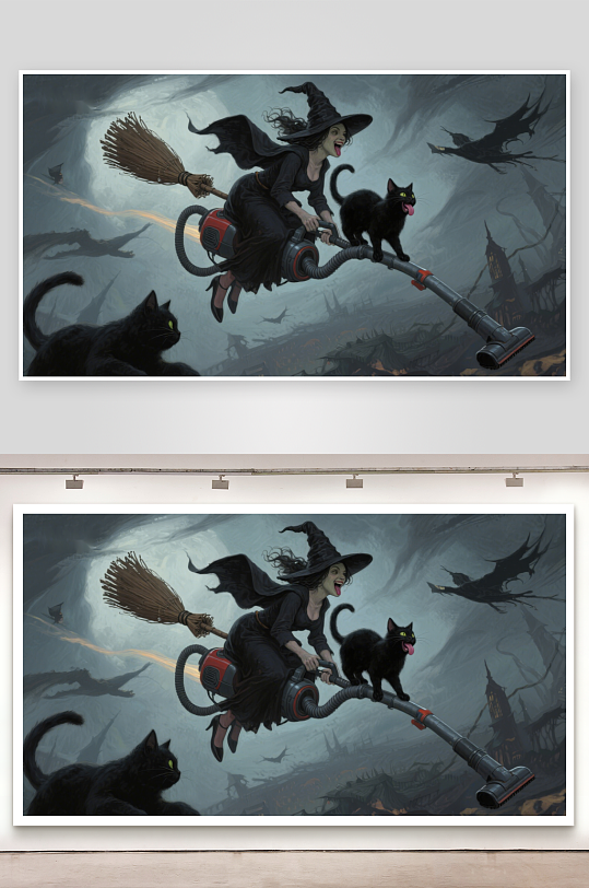 巫师骑吸尘器与黑猫飞翔-众图网
