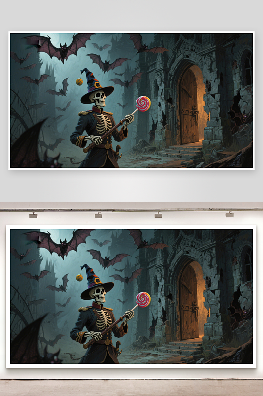 骷髅巫师手持糖果棒夜幕古堡前蝙蝠飞舞-众图网