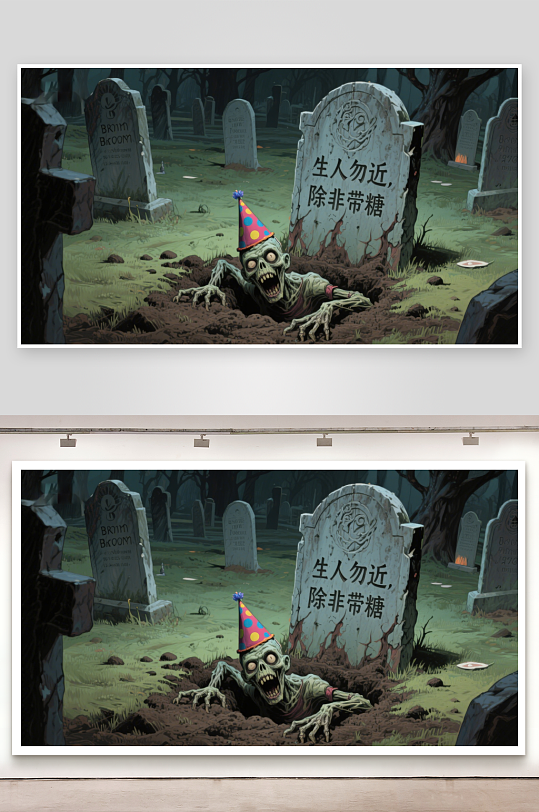 墓地中的僵尸戴着派对帽-众图网