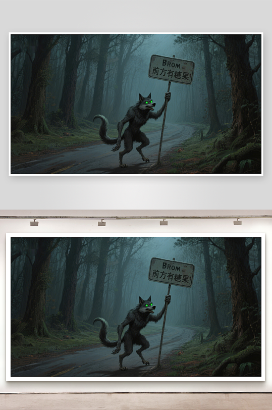 森林中的狼人手持指示牌-众图网