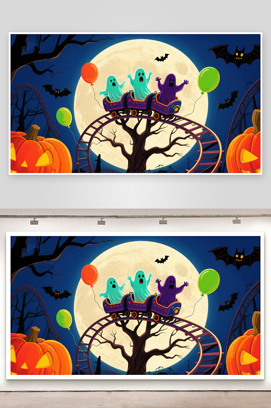 万圣节鬼魂过山车夜景-众图网