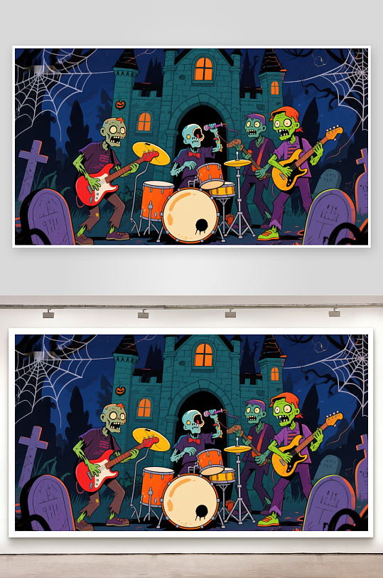 僵尸乐队在墓地城堡前演奏-众图网