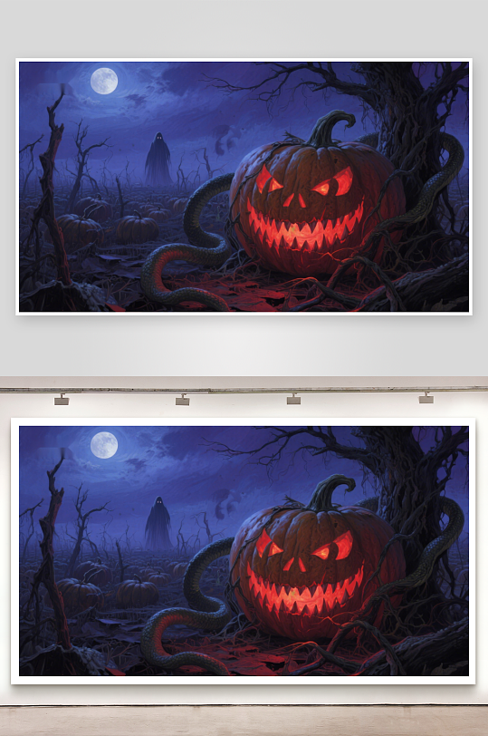 月夜下的南瓜灯与幽灵-众图网