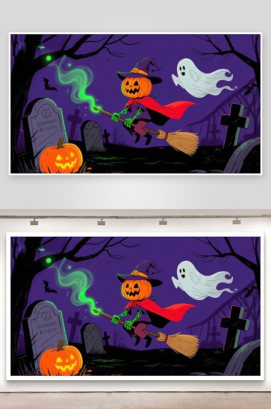 万圣节南瓜巫师夜游墓地-众图网