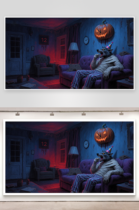 狼人戴着派对帽在昏暗客厅中-众图网