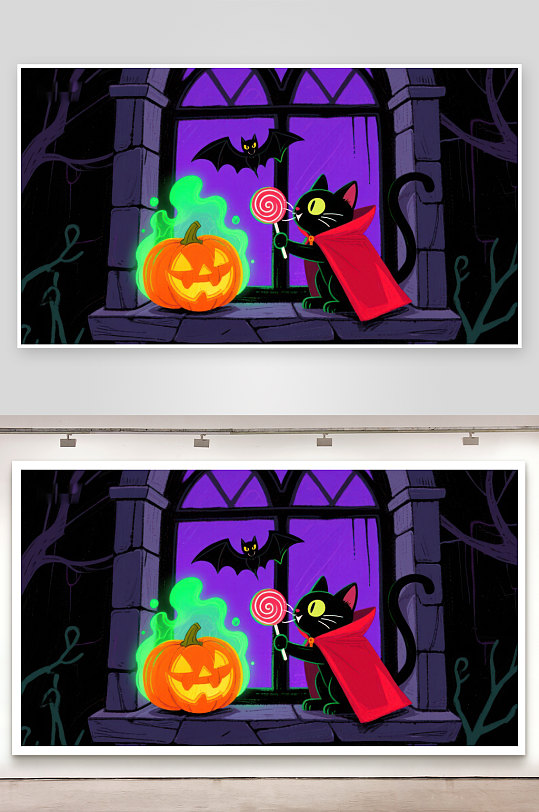 万圣夜猫儿与南瓜灯-众图网