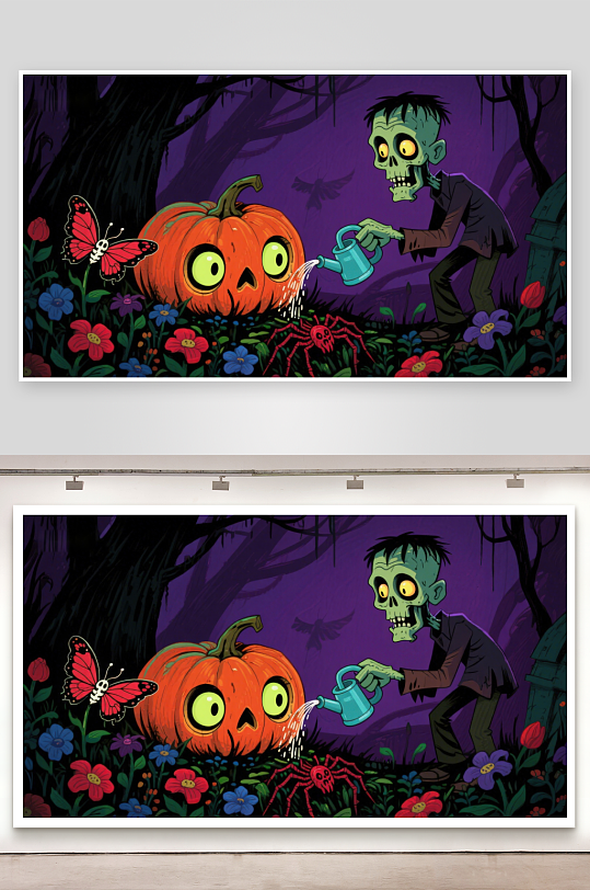 僵尸浇灌南瓜灯的奇幻花园-众图网