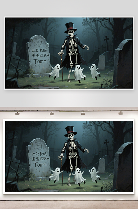 墓地中的骷髅与幽灵-众图网