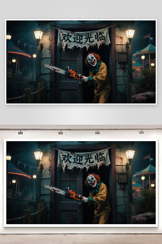 恐怖小丑手持电锯游乐园夜景-众图网
