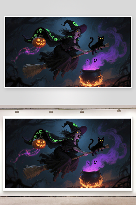 万圣夜巫婆骑扫帚施魔法-众图网