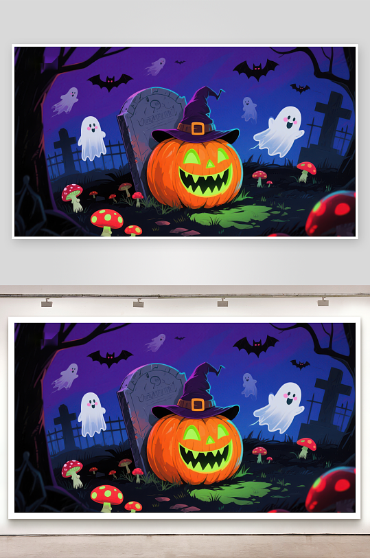万圣节南瓜灯与幽灵墓地夜景-众图网