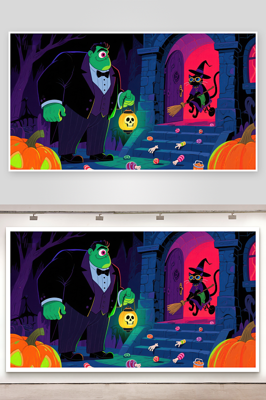 万圣节夜景怪兽与巫师猫的糖果冒险-众图网