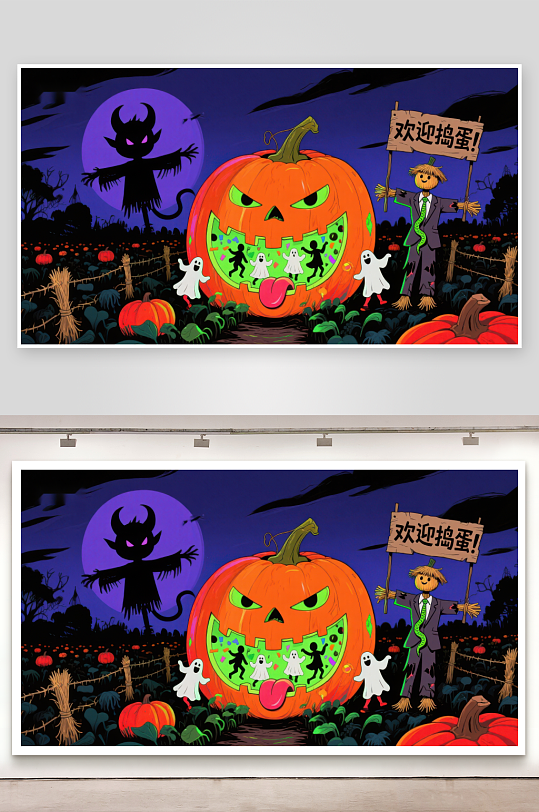 万圣节南瓜灯与稻草人欢迎捣蛋-众图网