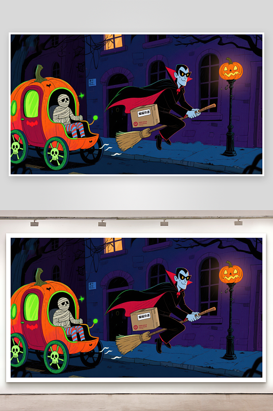 万圣夜趣事南瓜车与飞天扫帚-众图网