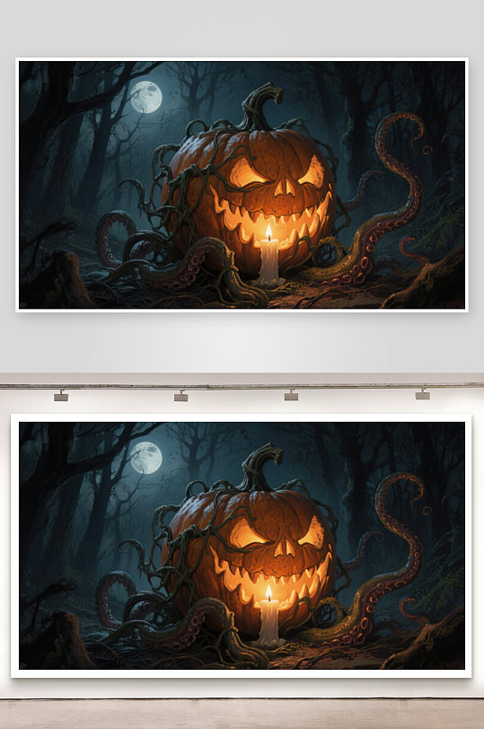 幽暗森林中的南瓜灯与触手-众图网