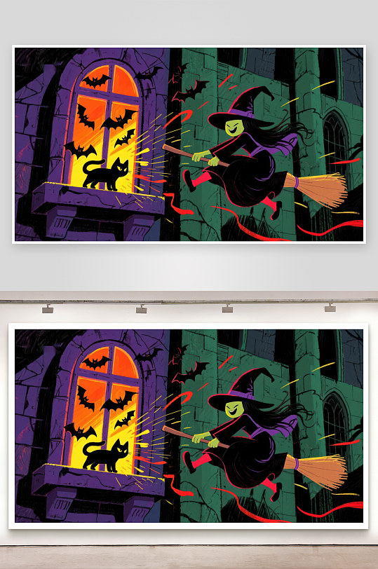 女巫骑扫帚飞过城堡窗前-众图网