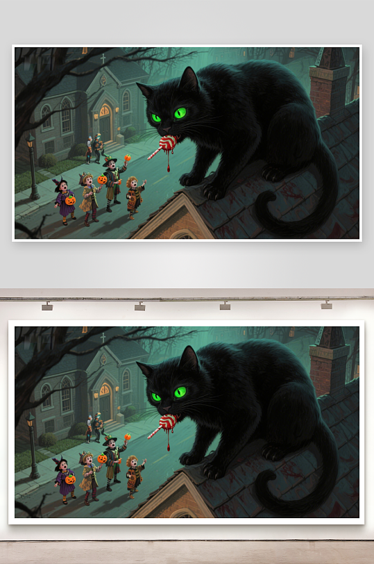 万圣夜黑猫屋顶俯视孩童-众图网