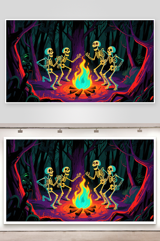 森林篝火旁的骷髅舞会-众图网