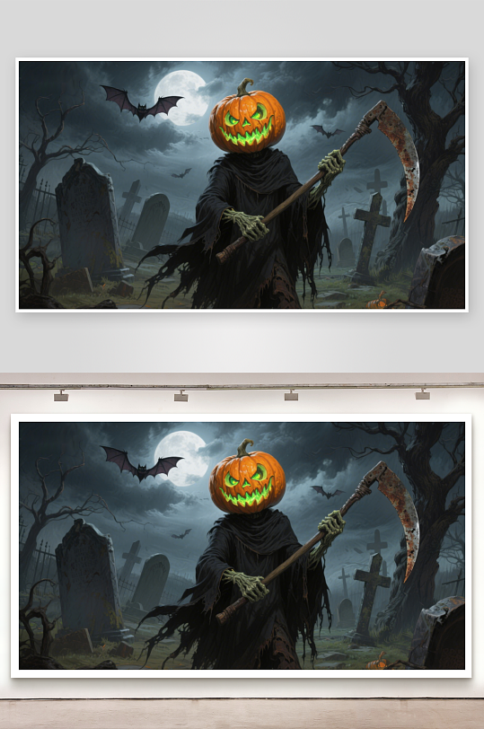 南瓜头死神在墓地夜景中-众图网