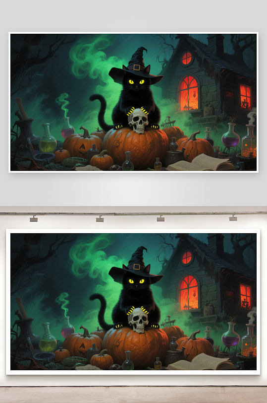 万圣夜黑猫与南瓜的神秘场景-众图网