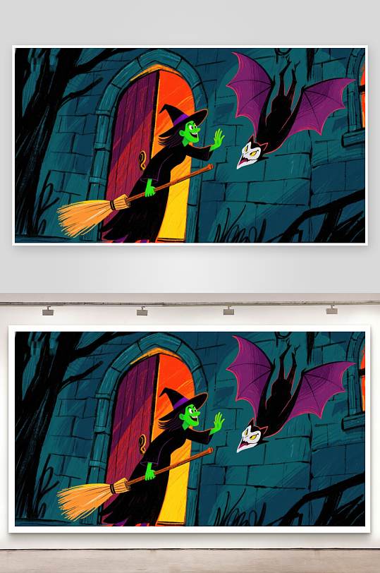 女巫与蝙蝠在城堡门口的互动-众图网