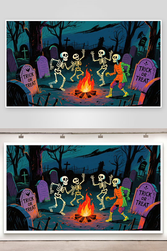 墓地篝火旁的骷髅舞会-众图网