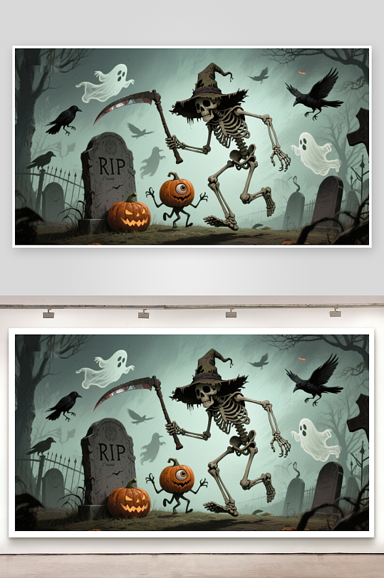 万圣节骷髅与南瓜灯的墓地场景-众图网