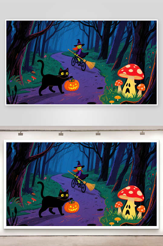 万圣节森林中的巫师与黑猫-众图网