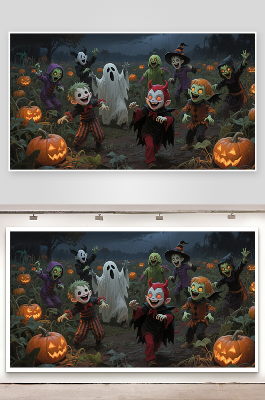 万圣节夜孩子们装扮成鬼怪在南瓜地嬉戏-众图网