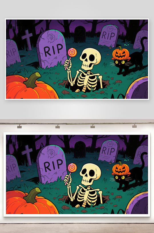 万圣节墓地中的骷髅与黑猫-众图网