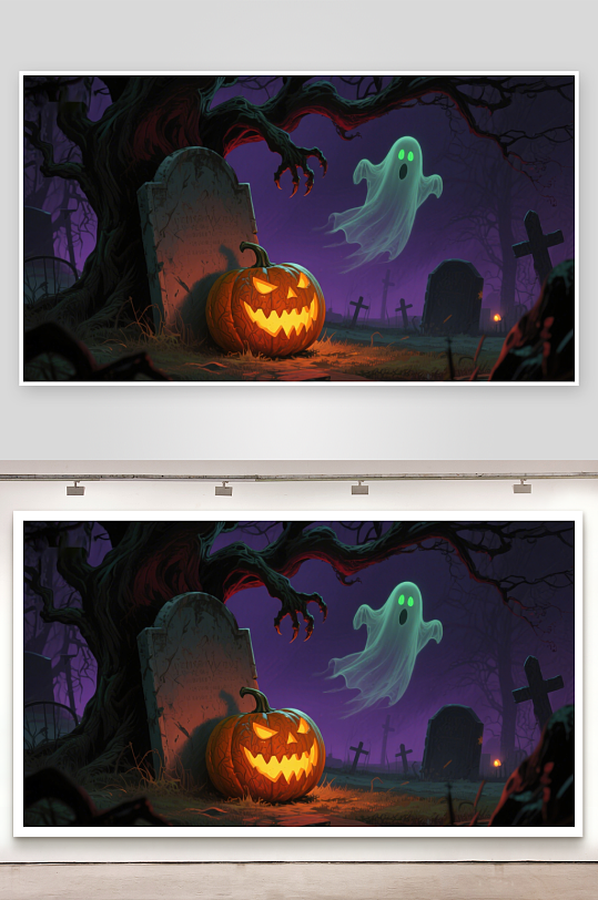 万圣夜墓地南瓜灯与幽灵-众图网