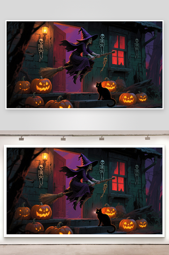 万圣夜女巫骑扫帚飞过南瓜灯-众图网